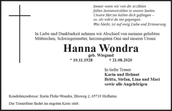 Traueranzeige von Hanna Wondra von vrm-trauer