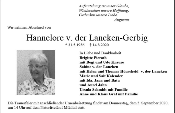 Traueranzeige von Hannelore v. der Lancken-Gerbig von vrm-trauer