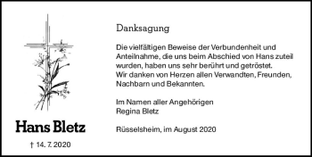 Traueranzeige von Hans Bletz von vrm-trauer