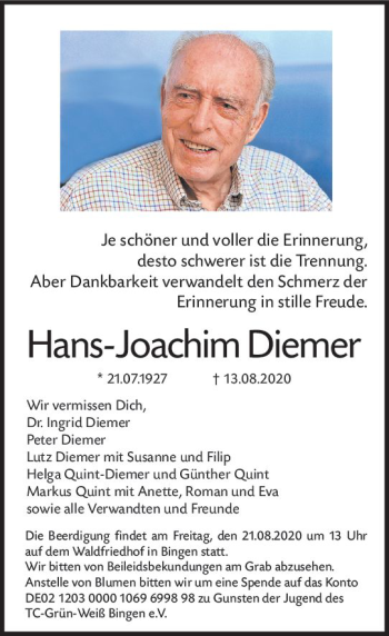 Traueranzeige von Hans-Joachim Diemer von vrm-trauer