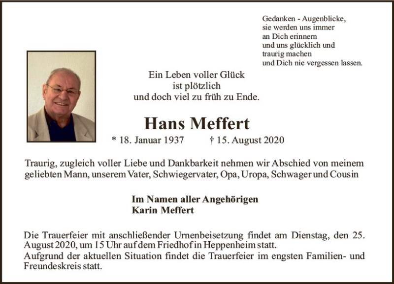  Traueranzeige für Hans Meffert vom 22.08.2020 aus vrm-trauer