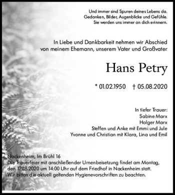 Traueranzeige von Hans Petry von vrm-trauer