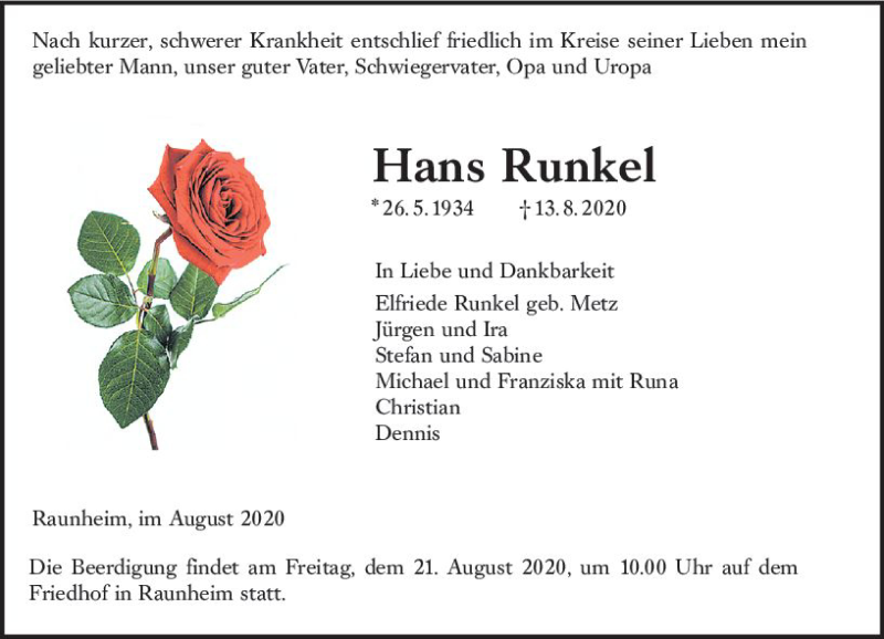  Traueranzeige für Hans Runkel vom 18.08.2020 aus vrm-trauer