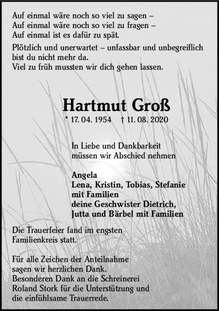  Traueranzeige für Hartmut Groß vom 26.08.2020 aus vrm-trauer