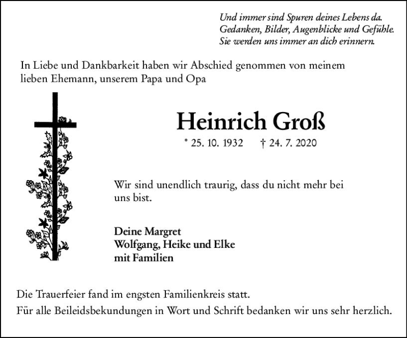  Traueranzeige für Heinrich Groß vom 15.08.2020 aus vrm-trauer