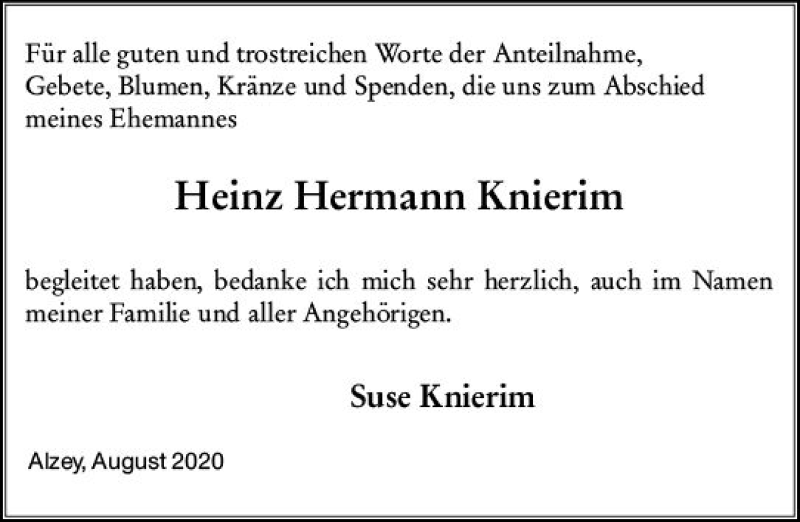  Traueranzeige für Heinz Hermann Knierim vom 22.08.2020 aus vrm-trauer