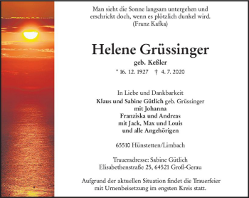 Traueranzeige von Helene Grüssinger von vrm-trauer