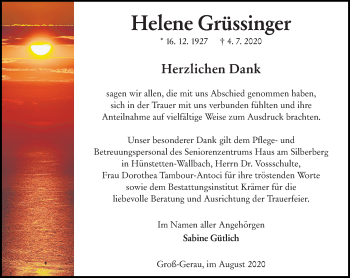 Traueranzeige von Helene Grüssinger von vrm-trauer