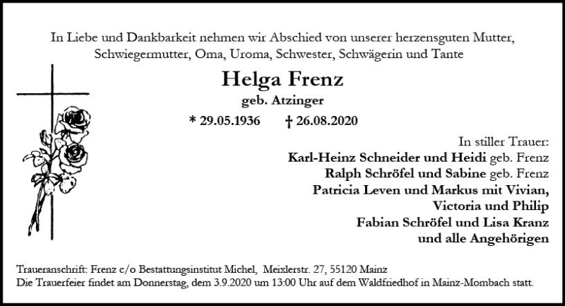  Traueranzeige für Helga Frenz vom 29.08.2020 aus vrm-trauer