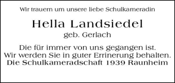 Traueranzeige von Hella Landsiedel von vrm-trauer