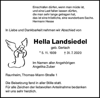 Traueranzeige von Hella Landsiedel von vrm-trauer