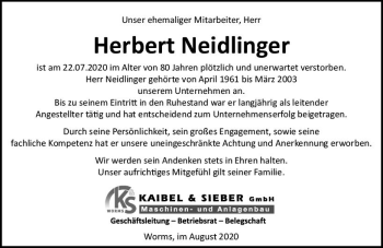 Traueranzeige von Herbert Neidlinger von vrm-trauer