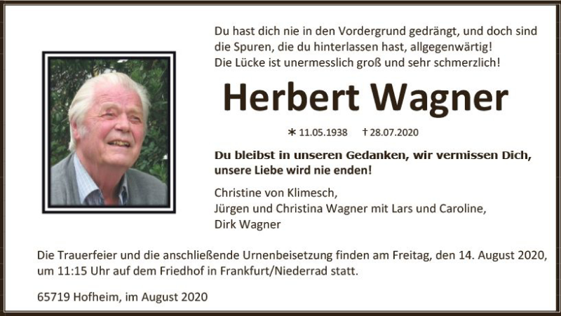  Traueranzeige für Herbert Wagner vom 07.08.2020 aus vrm-trauer