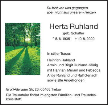Traueranzeige von Herta Ruhland von vrm-trauer