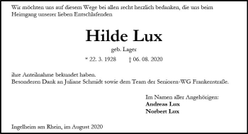 Traueranzeige von Hilde Lux von vrm-trauer