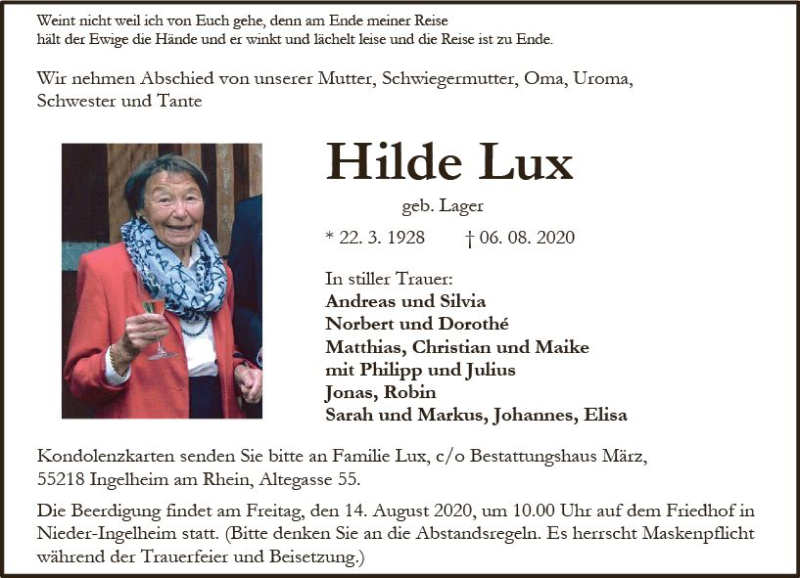  Traueranzeige für Hilde Lux vom 12.08.2020 aus vrm-trauer
