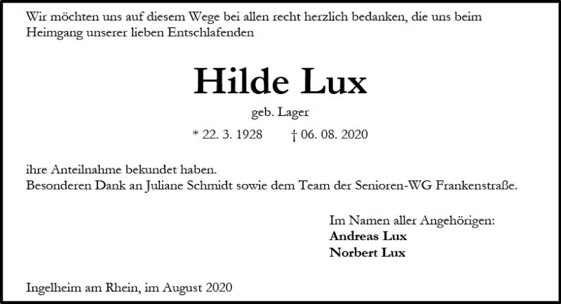  Traueranzeige für Hilde Lux vom 29.08.2020 aus vrm-trauer