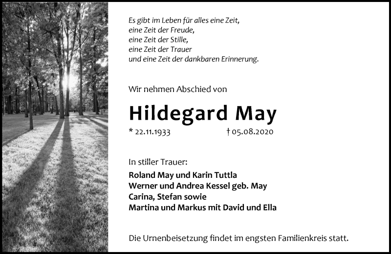  Traueranzeige für Hildegard May vom 08.08.2020 aus vrm-trauer