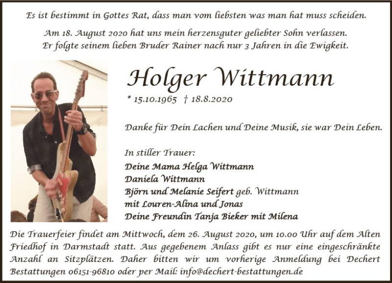  Traueranzeige für Holger Wittmann vom 22.08.2020 aus vrm-trauer