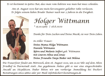 Traueranzeige von Holger Wittmann von vrm-trauer