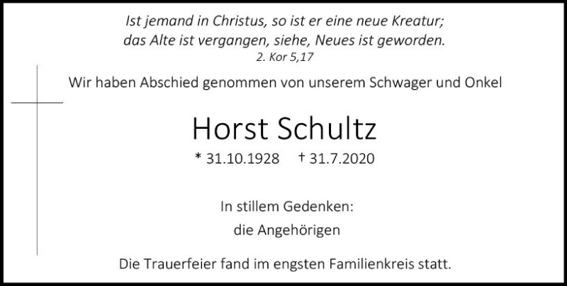  Traueranzeige für Horst Schultz vom 15.08.2020 aus vrm-trauer