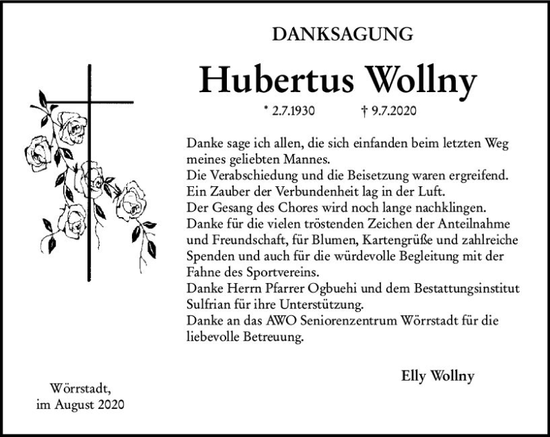  Traueranzeige für Hubertus Wollny vom 12.08.2020 aus vrm-trauer