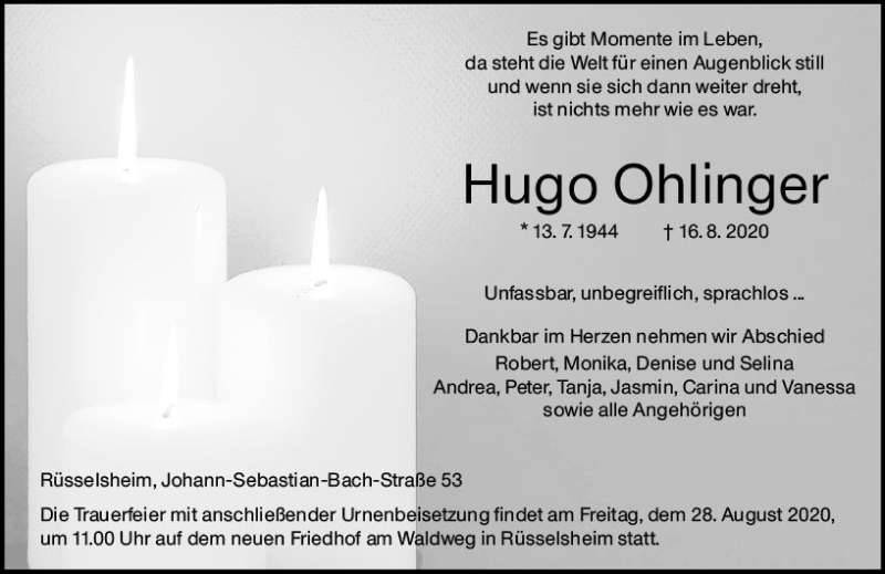  Traueranzeige für Hugo Ohlinger vom 22.08.2020 aus vrm-trauer