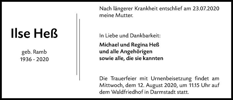  Traueranzeige für Ilse Heß vom 08.08.2020 aus vrm-trauer
