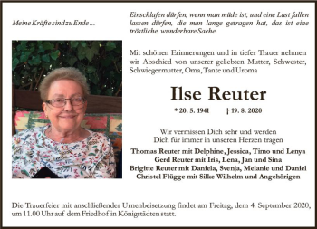 Traueranzeige von Ilse Reuter von vrm-trauer