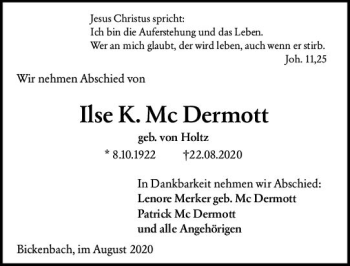 Traueranzeige von Ilse K. Mc Dermott von vrm-trauer