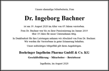Traueranzeige von Ingeborg Bachner von vrm-trauer