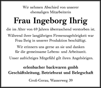 Traueranzeige von Ingeborg Ihrig von vrm-trauer