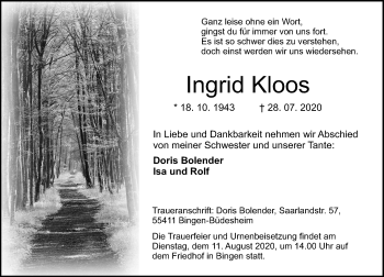 Traueranzeige von Ingrid Kloos von vrm-trauer