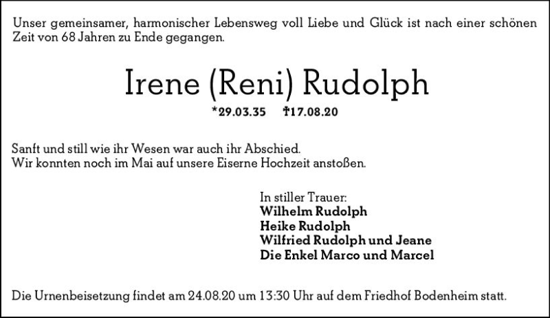  Traueranzeige für Irene Rudolph vom 22.08.2020 aus vrm-trauer