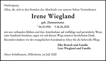 Traueranzeige von Irene Wiegland von vrm-trauer
