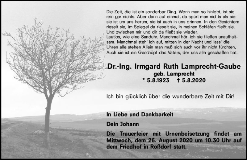  Traueranzeige für Irmgard Ruth Lamprecht-Gaube vom 15.08.2020 aus vrm-trauer