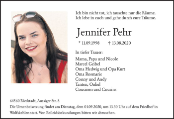 Traueranzeige von Jennifer Pehr von vrm-trauer