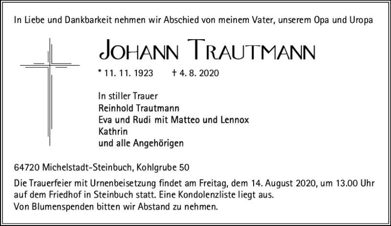  Traueranzeige für Johann Trautmann vom 12.08.2020 aus vrm-trauer