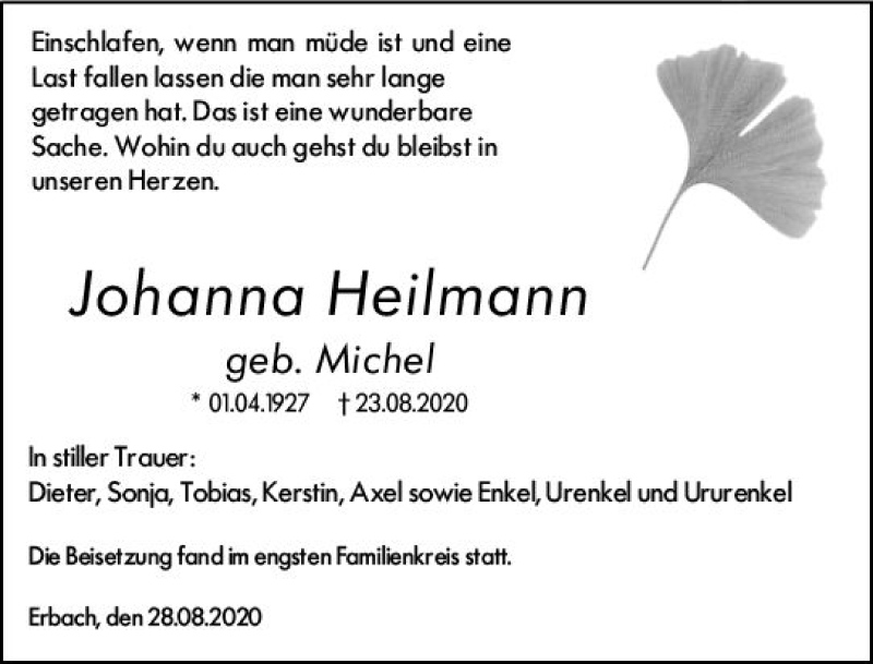  Traueranzeige für Johanna Heilmann vom 29.08.2020 aus vrm-trauer