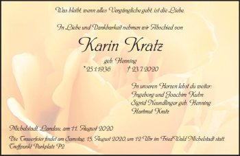 Traueranzeige von Karin Kratz von vrm-trauer