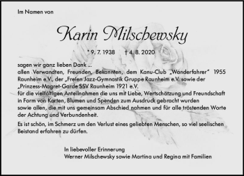 Traueranzeige von Karin Milschewsky von vrm-trauer