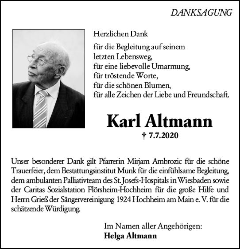  Traueranzeige für Karl Altmann vom 21.08.2020 aus vrm-trauer