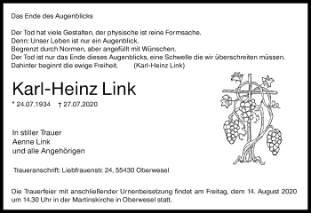 Traueranzeige von Karl-Heinz Link von vrm-trauer