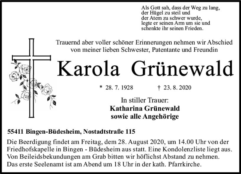  Traueranzeige für Karola Grünewald vom 26.08.2020 aus vrm-trauer