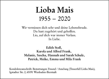 Traueranzeige von Lioba Mais von vrm-trauer