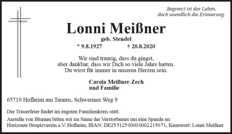  Traueranzeige für Lonni Meißner vom 28.08.2020 aus vrm-trauer