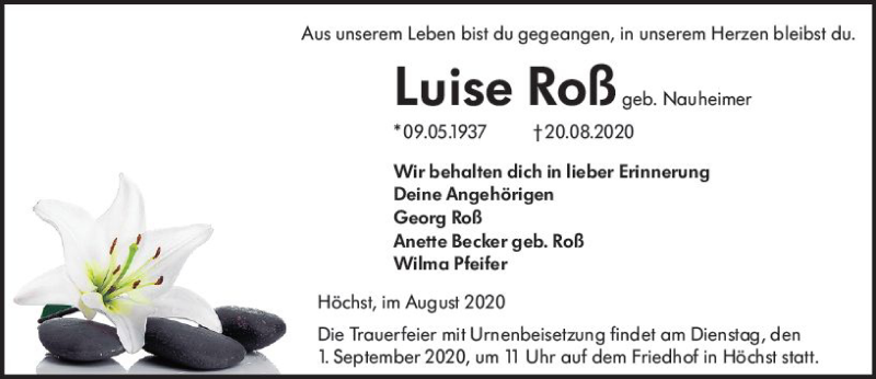  Traueranzeige für Luise Roß vom 29.08.2020 aus vrm-trauer