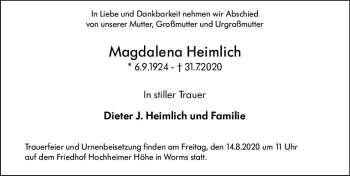 Traueranzeige von Magdalena Heimlich von vrm-trauer