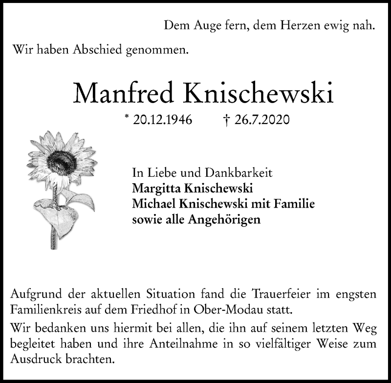  Traueranzeige für Manfred Knischewski vom 08.08.2020 aus vrm-trauer