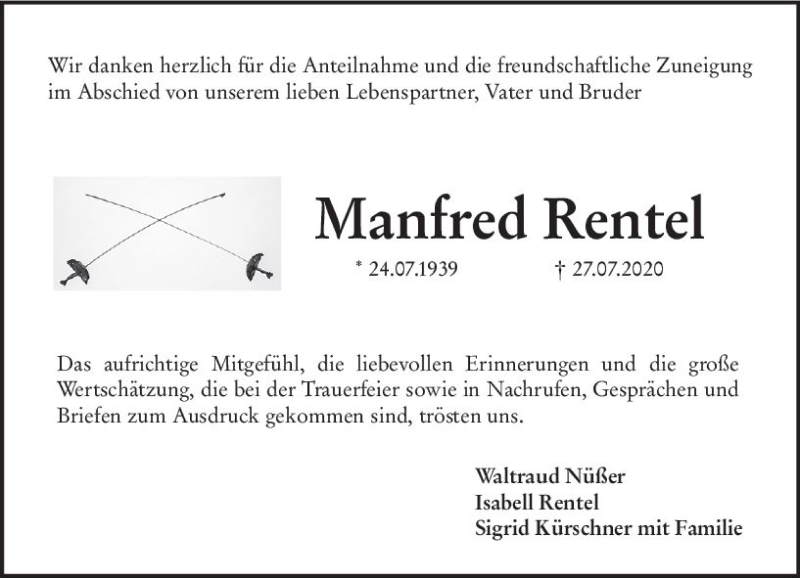  Traueranzeige für Manfred Rentel vom 22.08.2020 aus vrm-trauer